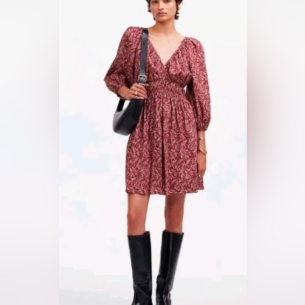 Red Floral Smocked Waist Long-Sleeve Mini Dress